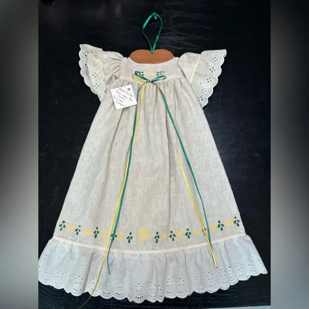 Cream Eyelet hand stamped prairie cottagecore wall decor VTG hanging Dress